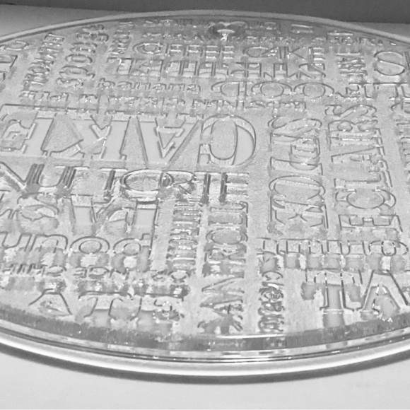 Jeannette Glass Crystal Cake Plate Platter Clear Round Embossed Text Typography - Picture 3 of 4
